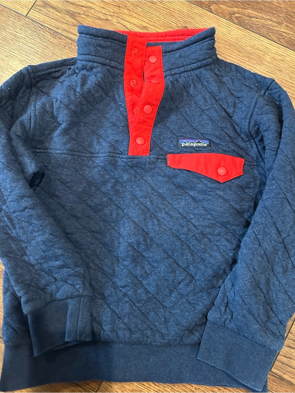 Patagonia Kids Navy organic cotton Quilted Snap Pullover with Red Trim